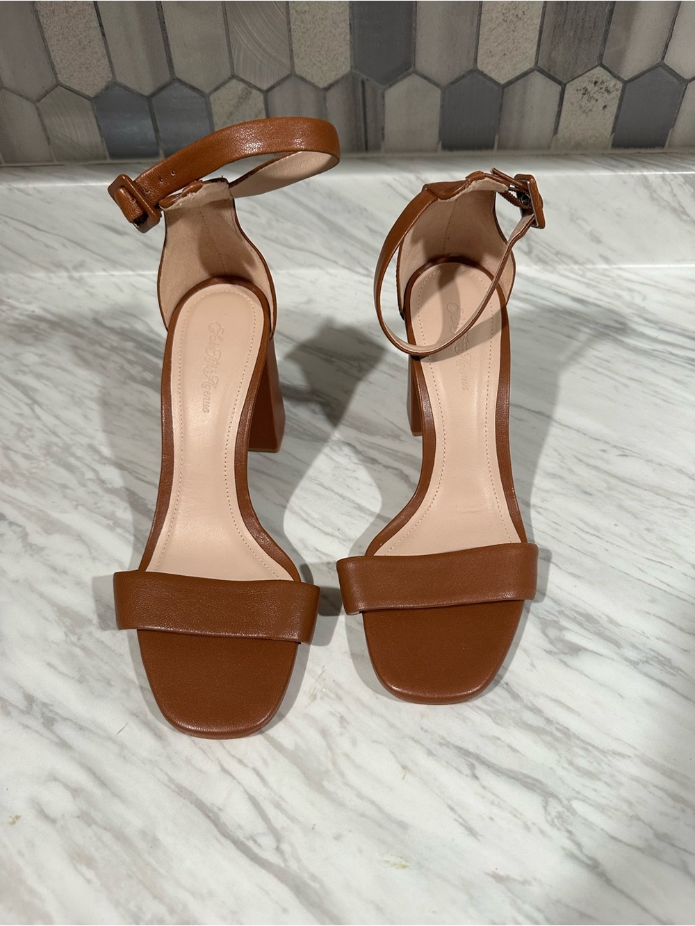 Saks Fifth Avenue Brown Leather Ankle-Strap Block Heel Sandals